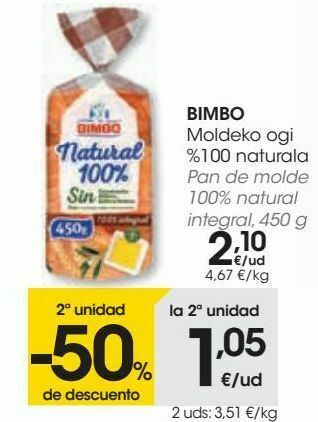 Eroski Bimbo pan de molde 100% natural integral,450 g oferta