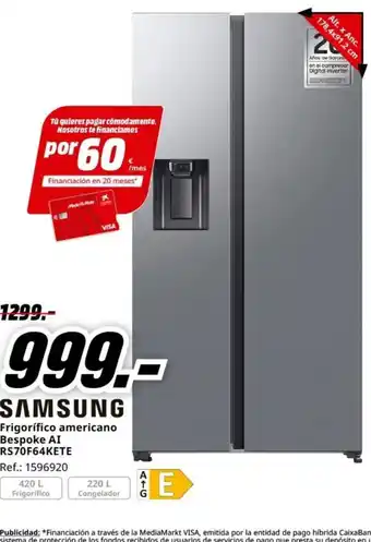 MediaMarkt SAMSUNG Frigorífico americano Bespoke AI RS70F64KETE oferta