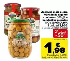 Carrefour El faro - aceituna mojo picón, manzanilla gigante con hueso o banderillas picantes oferta