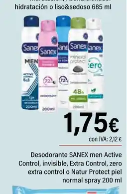 Cash Ifa SANEX Desodorante men Active Control, invisible, Extra Control, zero extra control o Natur Protect piel oferta