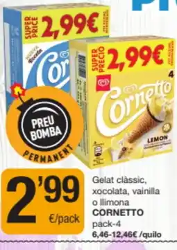 SPAR Fragadis CORNETTO Gelat clàssic, xocolata, vainilla o llimona oferta