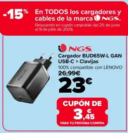 Carrefour NGS Cargador BUD65W-L GAN USB-C +Clavijas oferta