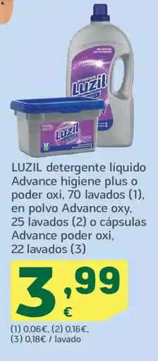 HiperDino LUZIL detergente líquido Advance higiene plus o poder oxi en polvo Advance oxy o cápsulas Advance poder oxi oferta