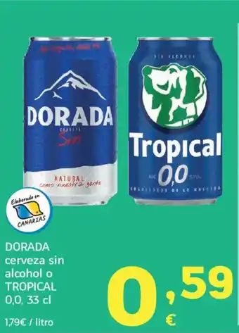 HiperDino DORADA cerveza sin alcohol o TROPICAL 0,0, oferta