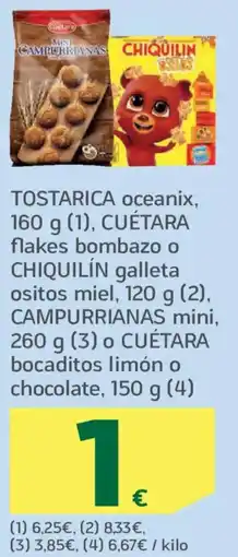 HiperDino TOSTARICA oceanix CUÉTARA flakes bombazo o CHIQUILIN galleta ositos miel CAMPURRIANAS mini o CUÉTARA bocaditos limónchocolate oferta