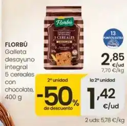 Eroski Florbu - galleta desayuno integral 5 cereales con chocolate oferta