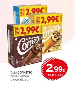 Condis CORNETTO Gelat clàssic, vainilla o xocolata, 4 u. oferta
