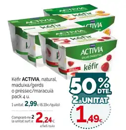 Condis ACTIVIA Kéfir natural, maduixa/gerds o préssec/maracuià pack 4u. oferta