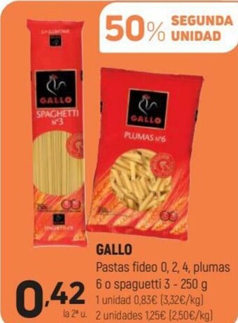 Coviran Gallo Pastas Fideo 0, 2, 4, plumas 6 o Spaguetti 3 - 250 g oferta