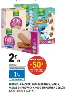 E.Leclerc Sharkis, cracker, mini digestiva, maría, pastas o sandwich choco sin gluten gullón oferta