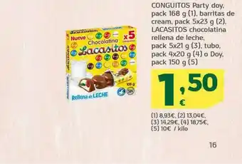 HiperDino Conguitos Party Doy, Barritas De Cream, Lacasitos Chocolatina Rellena De Leche, Tubo, O Doy oferta