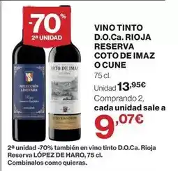 Hipercor Cune - vino tinto d.o.ca. rioja reserva coto de imaz o oferta