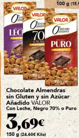 Gadis VALOR Chocolate Almendras sin Gluten y sin Azúcar Añadido Con Leche, Negro 70% o Puro oferta