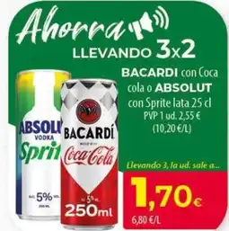 Spar Tenerife ABSOLUT BACARDI con Coca cola o con Sprite lata oferta