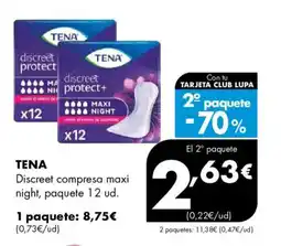 Supermercados Lupa TENA Discreet compresa maxi night, paquete 12 ud. oferta