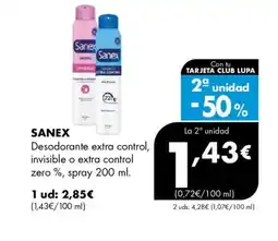 Supermercados Lupa SANEX Desodorante extra control, invisible o extra control zero %, spray oferta