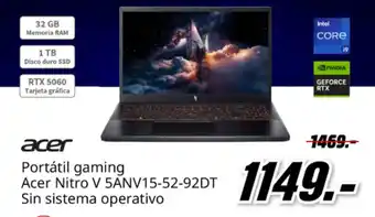 ACER Portátil gaming Acer Nitro V 5ANV15-52-92DT Sin sistema operativo