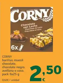 HiperDino CORNY barritas muesli chocolate, chocolate negro, avellana o coco oferta