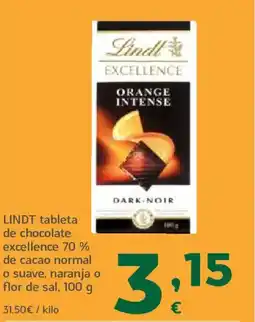 HiperDino LINDT tableta de chocolate excellence 70 % de cacao normal o suave, naranja o flor de sal oferta