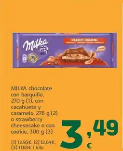 HiperDino MILKA chocolate con barquillo con cacahuete y caramelo o strawberry cheesecake o con cookie oferta