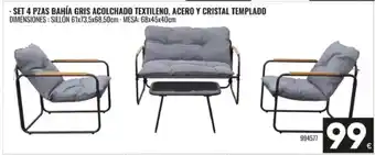 Set 4 pzas bahía gris acolchado textileno, acero y cristal templado