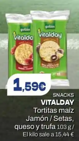 Supermercados Plaza Vitalday Snacks Tortitas maíz Jamón / Setas, queso y trufa oferta