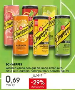 Supermercados Plaza Schweppes Refresco cítrico con gas de limón, limón zero, citrus zero, naranja, naranja zero y pomelo oferta