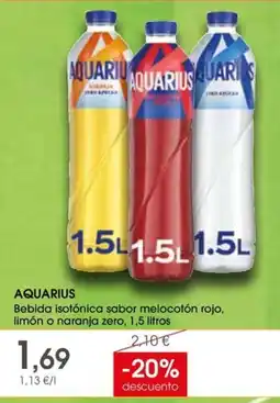 Supermercados Plaza Aquarius Bebida isotónica sabor melocotón rojo, limón o naranja zero oferta