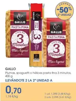 Supermercados Plaza Gallo Plumas, spaguetti o hélices pasta fina 3 minutos oferta