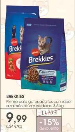 Supermercados Plaza Brekkies Pienso para gatos adultos con sabor a salmón atún y verduras oferta