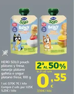 HiperDino HERO SOLO pouch plátano y fresa, naranja plátano galleta o yogur plátano fresa oferta