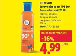 Lidl CIEN SUN Spray solar sport FPS 50+ Bruma solar sport FPS 50+ oferta