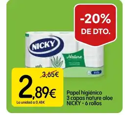 Dialprix NICKY Papel higiénico 3 capas nature aloe 6 rollos oferta