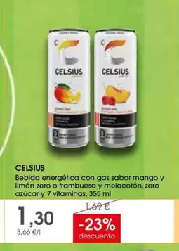 Supermercados Plaza Celsius Bebida energética con gas sabor mango y limón zero o frambuesa y melocotón, zero azúcar y 7 vitaminas oferta