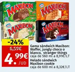 Maskom Supermercados Gama sandwich Maxibon: Waffer, jungly choco o blanco, stranger things oferta