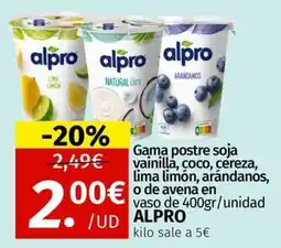 Maskom Supermercados Alpro Gama postre soja vainilla, coco, cereza, lima limón, arándanos o de avena oferta