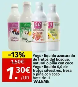 Maskom Supermercados Valeme Yogur líquido azucarado de frutos del bosque, natural o piña con coco Yogur líquido 0,0 de frutos silvestres, fresa oferta
