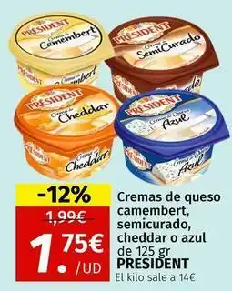 Maskom Supermercados Président - cremas de queso camembert, semicurado, cheddar o azul oferta