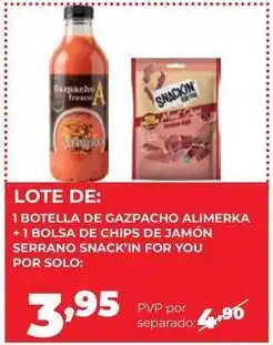 Alimerka Alimerka - 1 botella de gazpacho +1 bolsa de chips de jamon serrano snack'in for you oferta