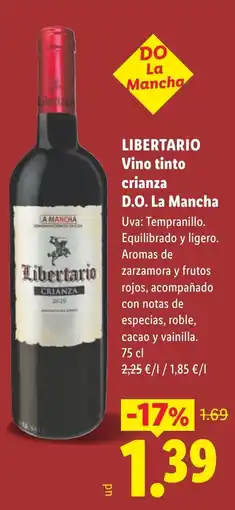 Lidl LIBERTARIO Vino tinto crianza D.O. La Mancha oferta