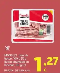 HiperDino Monells - tiras de bacon o bacon ahumado en lonchas oferta
