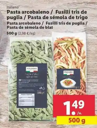 Lidl Pasta Arcobaleno, Fusilli Tris De Puglia O Pasta De Sémola De Trigo oferta