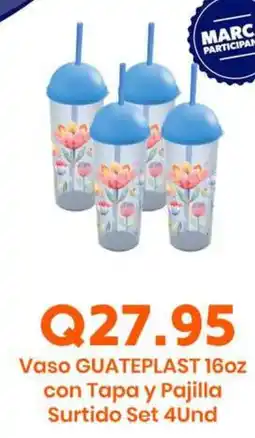 Suma Supermercados GUATEPLAST Vaso 16oz con Tapa y Pajilla Surtido Set 4Und oferta