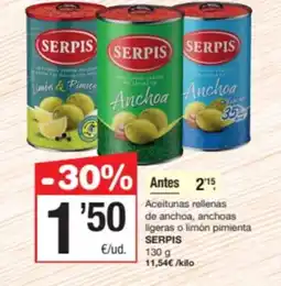 SPAR Fragadis SERPIS Aceitunas rellenas de anchoa, anchoas ligeras o limón pimienta oferta