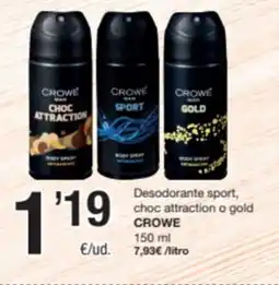 SPAR Fragadis CROWE Desodorante sport, choc attraction o gold oferta