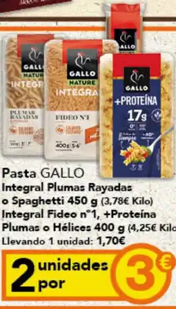 Gadis GALLO Pasta Integral Plumas Rayadas Spaghetti Integral Fideo n°1, +Proteína Plumas o Hélices oferta