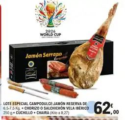 E.Leclerc Lote especial campodulce:jamón reserva de + chorizo o salchichón vela ibérico + cuchillo + chaira oferta