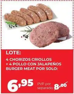 Alimerka Solo - 4 chorizos criollos + 4 pollo con jalapeños burger meat por oferta