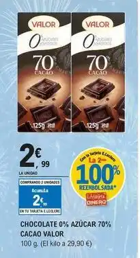 E.Leclerc Valor - chocolate 0% azucar 70% cacao oferta
