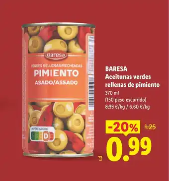 Lidl BARESA Aceitunas verdes rellenas de pimiento oferta